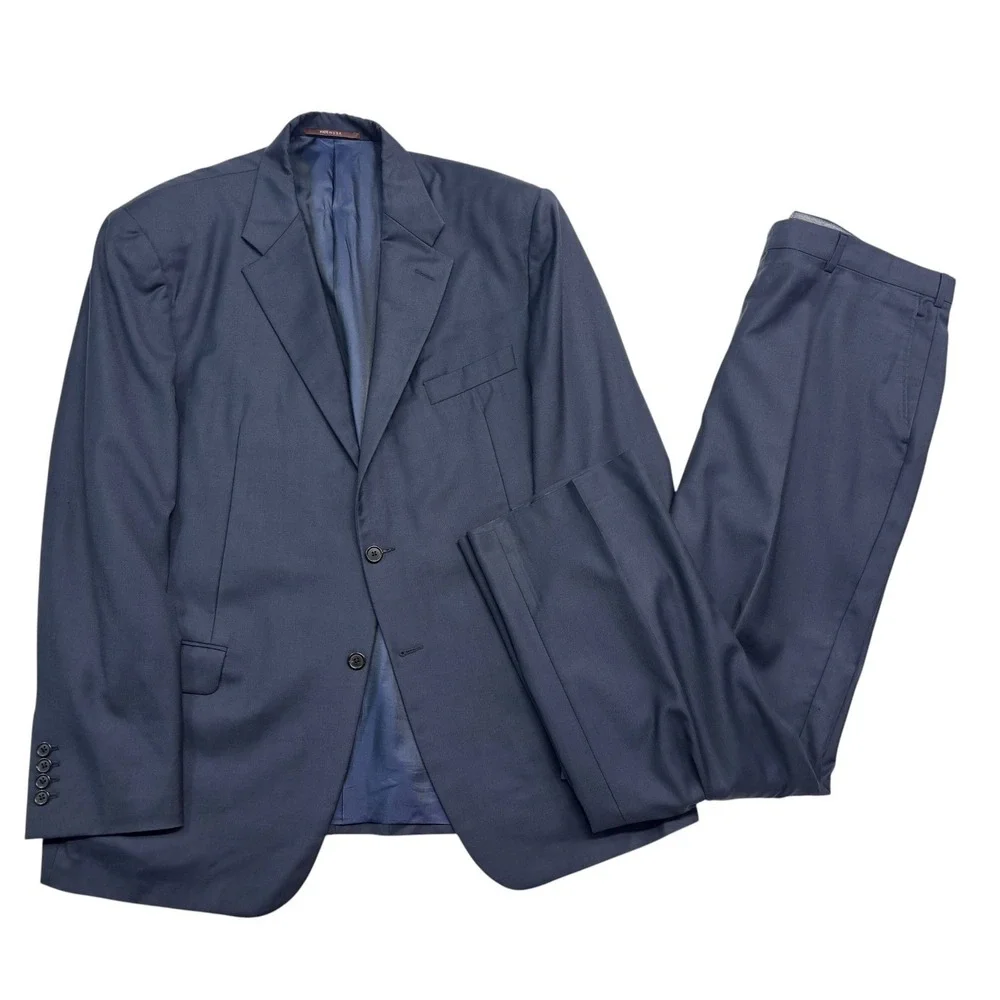 Hickey Freeman 46R 40x32 Navy Blue 2pc Pant Suit All Season Wool Flat Front USA